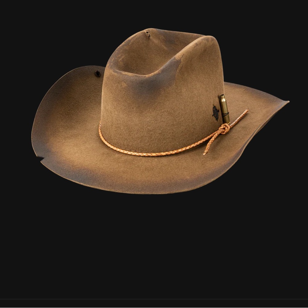 Artisan Rabbit and Beaver pelt Brown Cowboy Hat with Rope Band—bullet casing